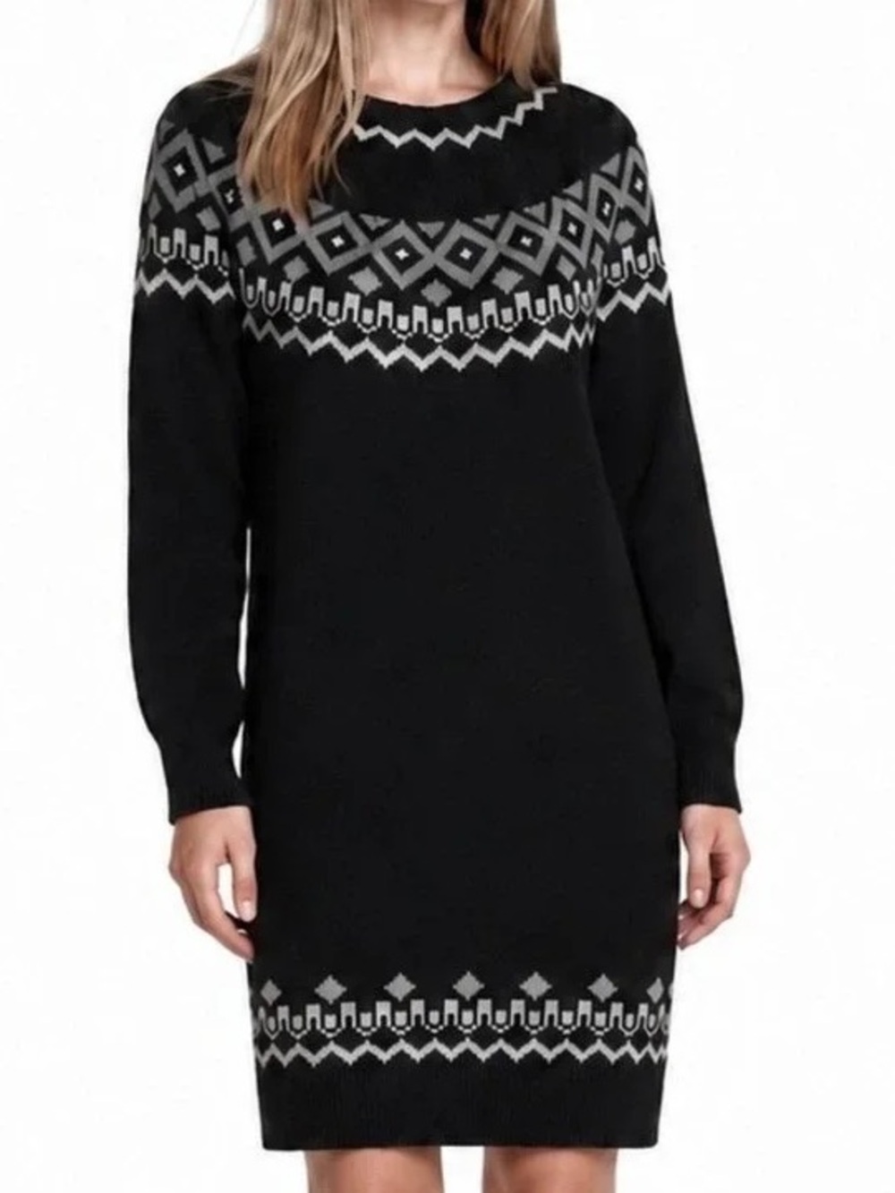 LOFT Black Knit Fair Isle Sweater Dress Holiday Classic Cottagecore L